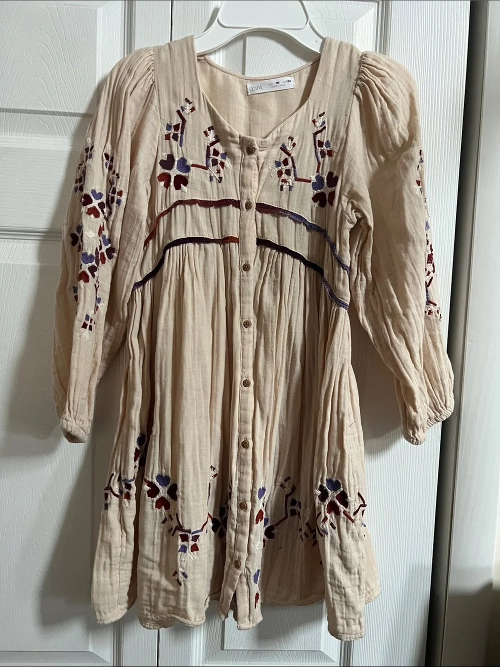 Zara Cream Embroidered Button-Front Kids Dress with Maroon and Navy Accents